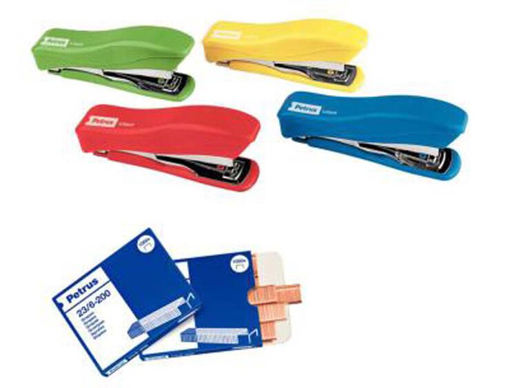 Grapadora Petrus Liliput+grapas colores surtido
