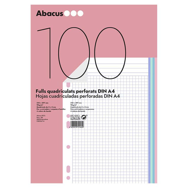Recanvi Notebook 4 Abacus A4 5x5 90g 100 fulls colors pastel