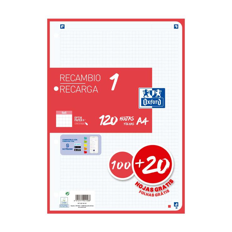 Recambio Note book 1 Oxford A4 5x5 100+20 hojas rojo