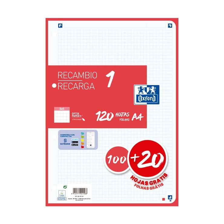 Recanvi Note book 1 Oxford A4 5x5 100+20 fulls vermell