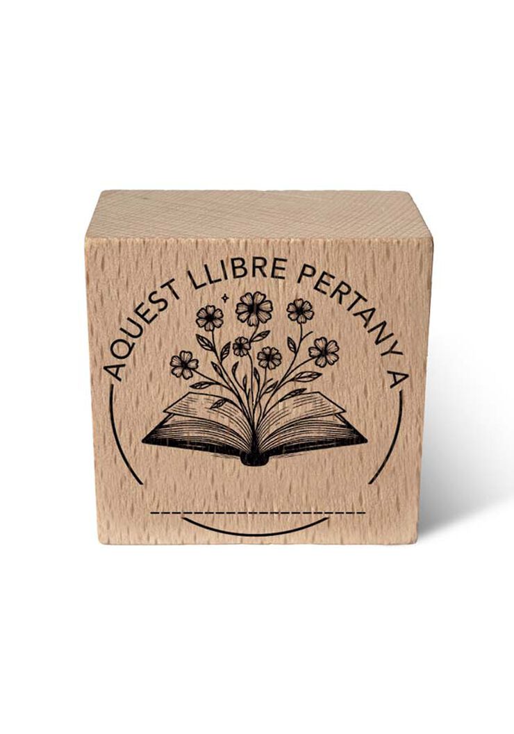 Segell Exlibris fusta Llibre i Flors 6x6cm