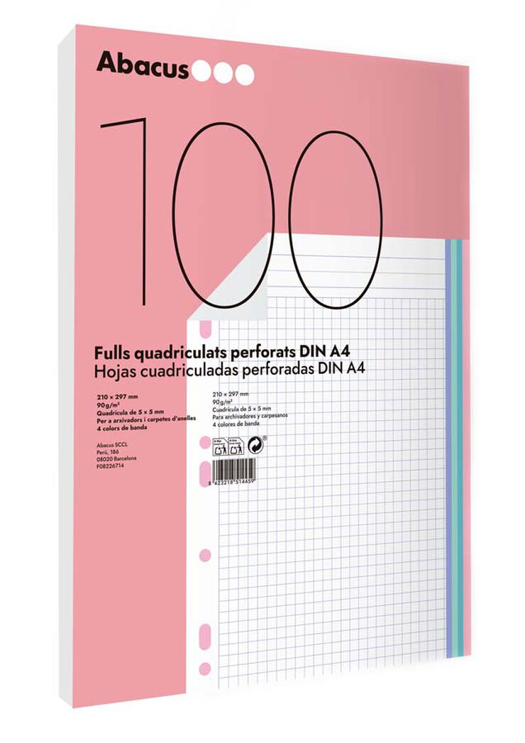 Recanvi Notebook 4 Abacus A4 5x5 90g 100 fulls colors pastel